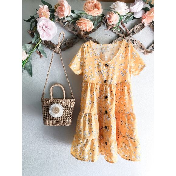 Frolicking In The Flowers Golden Blooming Floral Floaty Swing Dress 6/7 - Picture 4 of 6